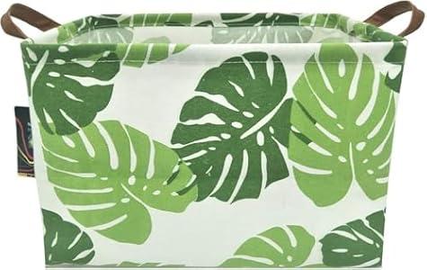 HKEC Rectangle Green Storage Basket, Clothes Basket with Handles, Collapsible Storage Box, Gift Basket, Room Decor (Banana Leaf)