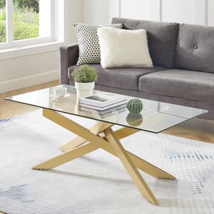 Gold Coffee Table for Living Room, Modern Glass Coffee Table with 47" Tempered Glass Top and Metal Tubular Legs for Small Space, Apartment, Office (47.3Lx23.6Wx18.1H)