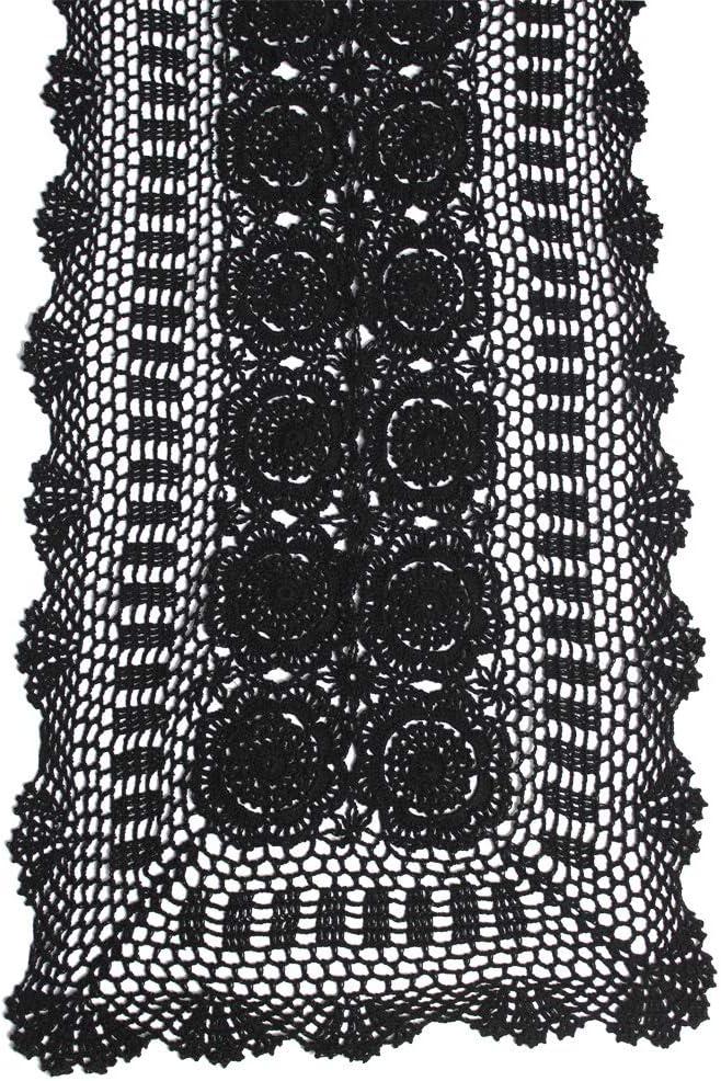 KEPSWET Cotton Handmade Crochet Lace Table Runner Black Rectangle Coffee Table Dresser Decor (14x36 inch)