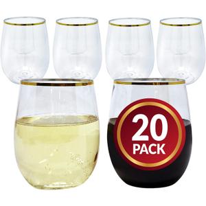 Reli. 12oz. Disposable Drink Glasses Gold-Rim (20 Pack) Stemless Crystal Clear | Reusable & Recyclable BPA-Free Food-Grade Plastic | Shatterproof Party Cups for Juices, Cocktails, Whiskey Any Occasion