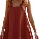 Yeokou Women Mini Dress Sleeveless A-Line Adjustable Button Straps Scoop Neck Cropped Loose Slip Dress with Pockets(Rust-XS)