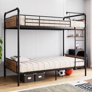 IDEALHOUSE Twin Over Twin Metal Bunk Bed with High Guardrail and Ladder, Convertible Metal Bunk Beds for Kids/Teens/Adults,Easy Assembly, No Box Spring Needed (Black)