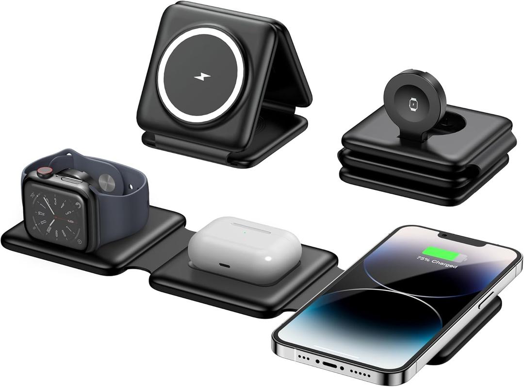 Magnetic Wireless Charger for iPhone: Fodable 3 in 1 Charging Station for Multiple Apple Devices - Travel Charging Pad Dock for Apple Watch iPhone 16 15 14 13 12 Pro Max Plus & Airpod (Dark black)