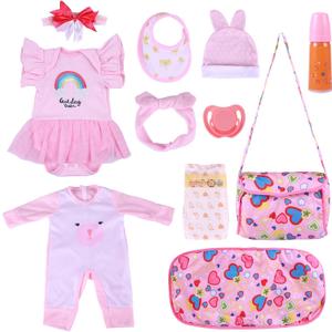 BABESIDE 11 PCS Reborn Baby Doll Clothes and Playset for 17-22 Inch Baby Doll Girl Outfits Accessories with Nursing Pad and Storage Bag, Pink