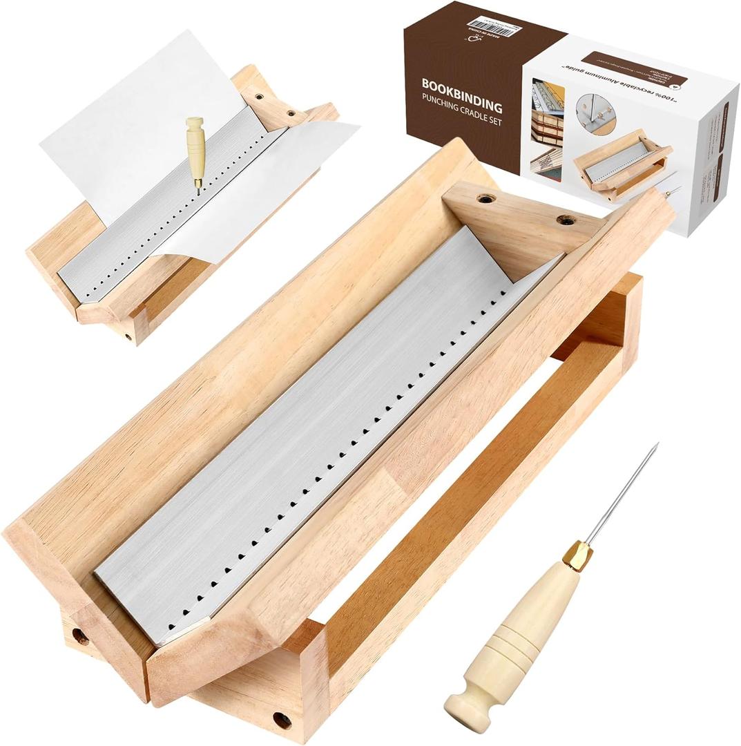 Bookbinding Punching Cradle with Aluminum Piercing Guide, with a Wooden-Handled Awl, Signature Punching Tool Set for Bookbinding Kit, for Book DIY Crafts, Polished Smooth Surface, Easy to Use Guide