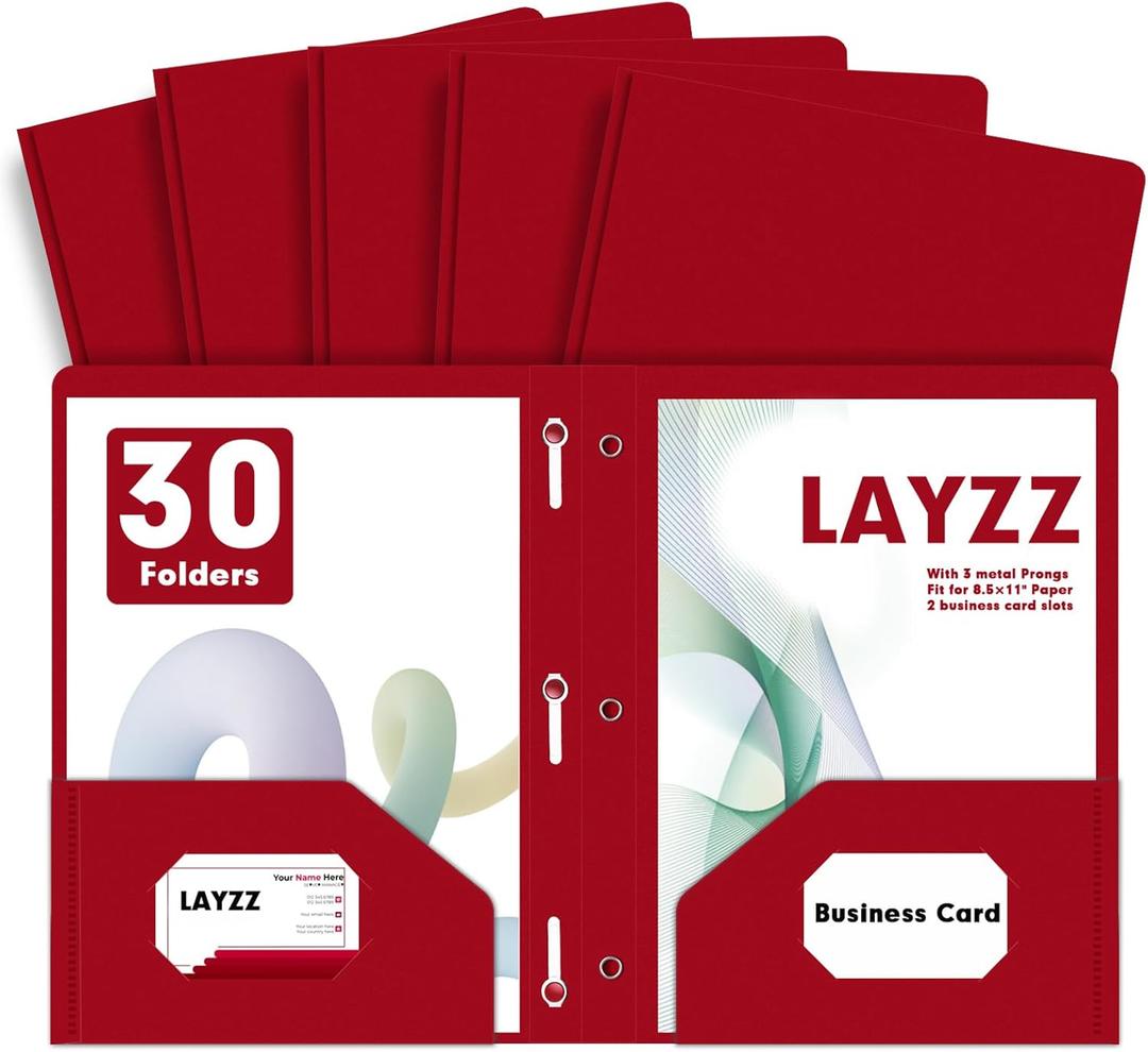 LAYZZ Plastic 2 Pocket Folders with Prongs, 30 Pack, Heavyweight, Letter Size Poly Folders with 3 Metal Prongs Fastener Clips (Red)