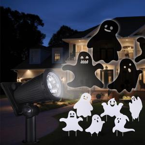 8 Pack Halloween Ghost Decorations Set, 6 Ghost Yard Signs and 2 Solar Spotlight Scary Shadows for Night Projections Spooky Faces Signs with Stakes for Halloween Garden Lawn Decor