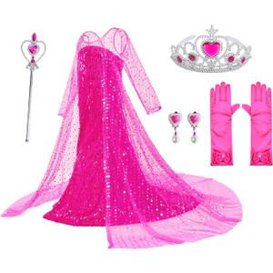 Luxury Princess Dress Costumes with Shining Long Cape Girls Birthday Party (7-8 Years, Pink-2)