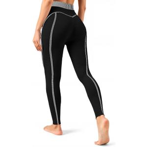 Fisoew Women's High Waisted Yoga Leggings Striped Seamless Butt Liftting Stretchy Running Gym Workout Pants Black