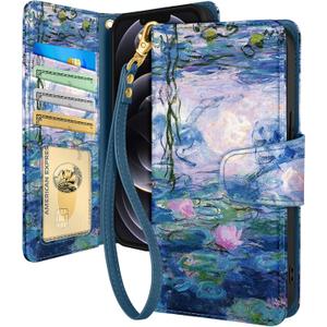 Toycamp for iPhone 12/12 Pro Wallet Case with Wrist Strap - Leather Flip Folio Phone Case with RFID Blocking 4 Card Holder for Apple for iPhone 12/12 Pro Funda Cute Aesthetic for Women, Water Lily