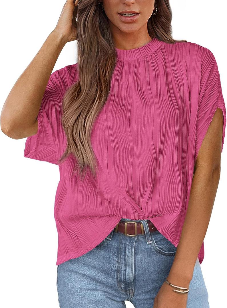 PRETTYGARDEN Women's Tops 2025 Summer Casual Crewneck Short Sleeve Textured Shirts Going Out Work Blouse Basic Tunic Top (Pink, L)