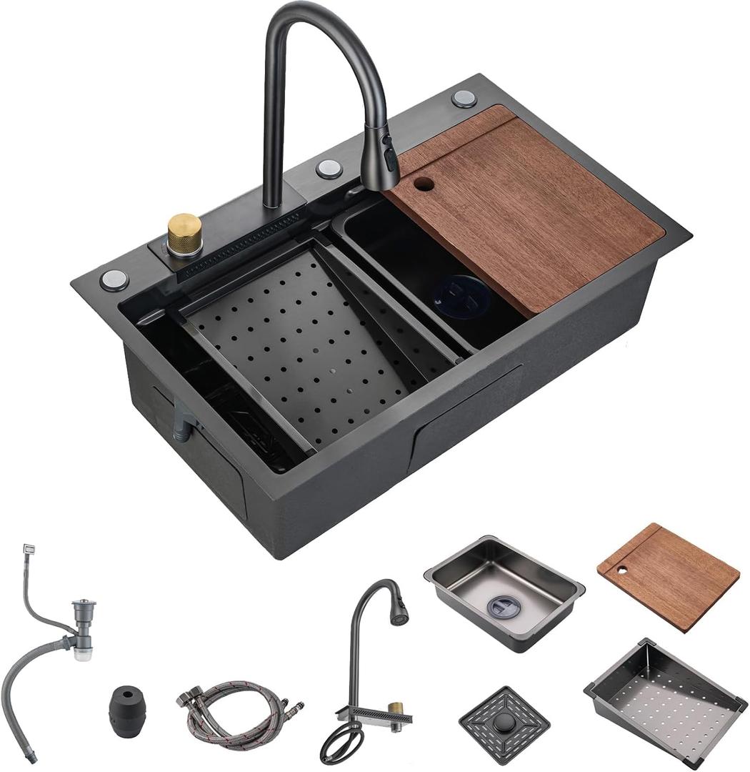 30"Kitchen Sink with Faucet Combo Waterfall Black Stainless Steel Waterfall Sink Kitchen Countertop Multi-Functional Sinks Farmhouse Undermount or Countertop Drop in