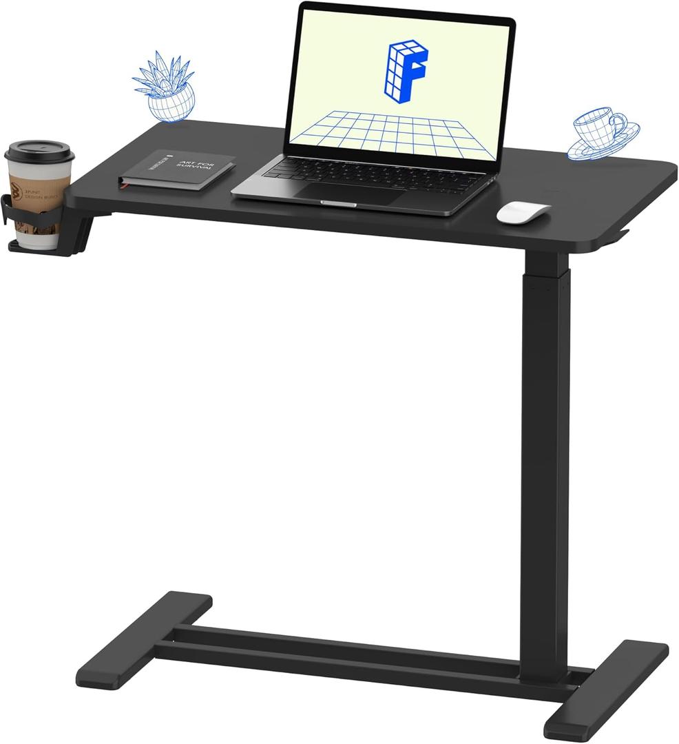 FLEXISPOT H7 Adjustable Overbed Bedside Table with Wheels Pneumatic Mobile Standing Desk Laptop Desk Rolling Computer Cart Movable Overbed Tables Hospital Home Use(27.6" W x 15.7" D, Black Table) (Small)