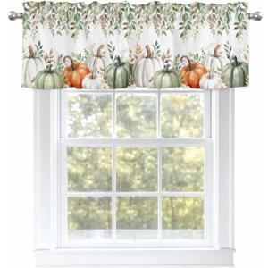 Fall Thanksgiving Pumpkin Valances for Windows Green Eucalyptus Leaf Fall Harvest Pumpkin Flowers Rod Pocket Curtain Valance Window Treatment Short Curtains for Kitchen Living Room, 54"x18" (White)
