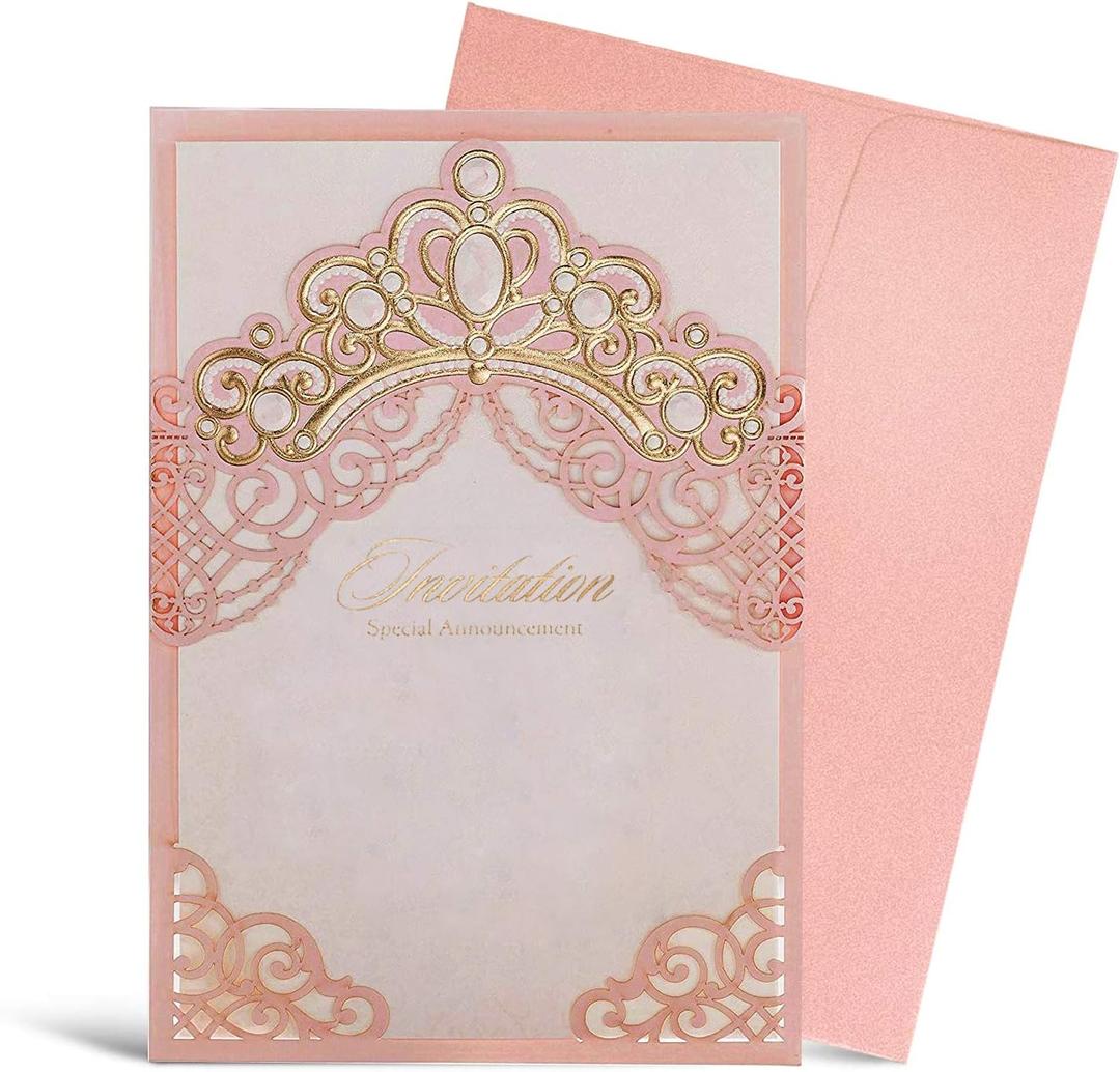 Hosmsua 50PCS Blank Pink Quinceanera Invitations Kit 5x7.3 Inch Laser Cut Floral Gold Crown Pocket Quinceanera Invitation Cards with Envelopes for Birthday Bridal Shower Invite