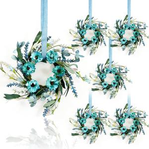 6 Pcs Small Blue Daisy Flower Hanging Wreaths for Cabinets with White Floral Eucalyptus Leaves Lavender Artificial Grains Mini Candle Rings Wreath for Home Front Door Farmhouse Coastal Blue Porch