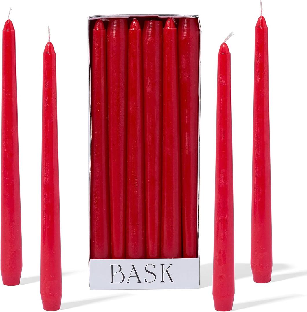 Bask 10-inch Taper Candles - Unscented and Dripless - Burns for 8 Hours - Home Decor for Dinner Table, Kitchen, and Bedroom - Perfect for a Romantic Date or Anniversary - 12-Pack - Red