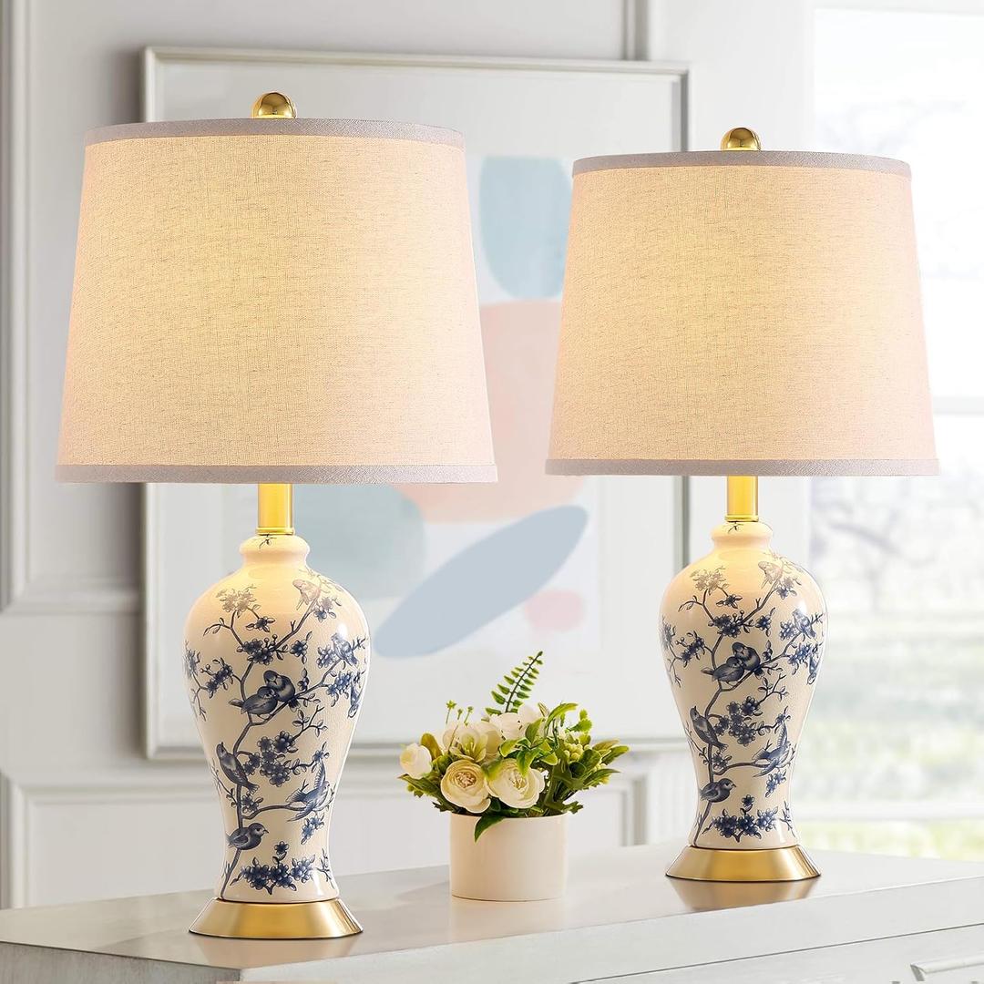 RORIA 24" Chinoiserie Modern Ceramic Small Table Lamps Set of 2 for Bedroom, Blue and Beige Bird Pattern Traditional Classic Table Lamp for Living Room Nightstand Entryway, 2 LED Bulbs Included