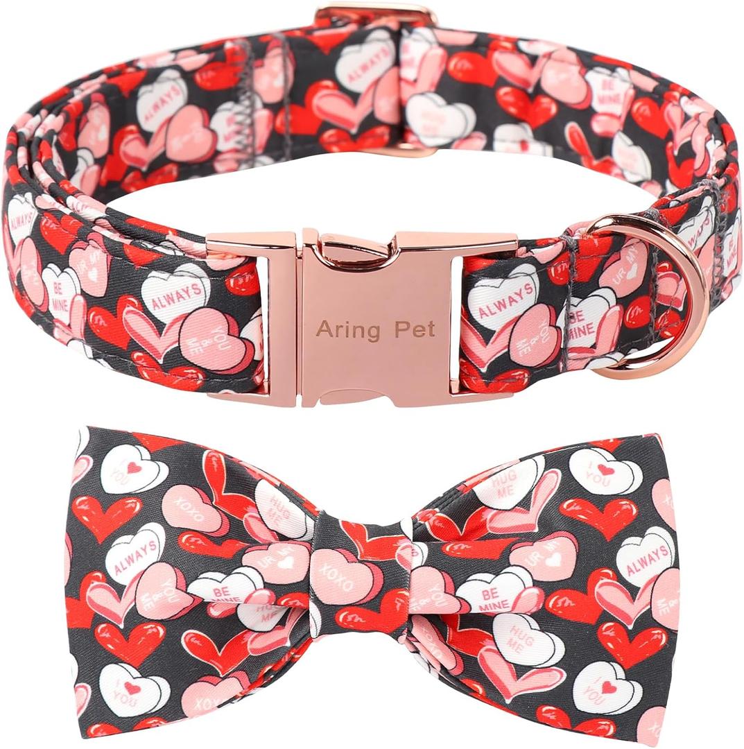 ARING PET Valentine's Day Dog Collar with Bow, Cute Black Heart Pets Detachable Bow Tie Collars for Puppy Small Medium Large Girl Boy Dogs-L