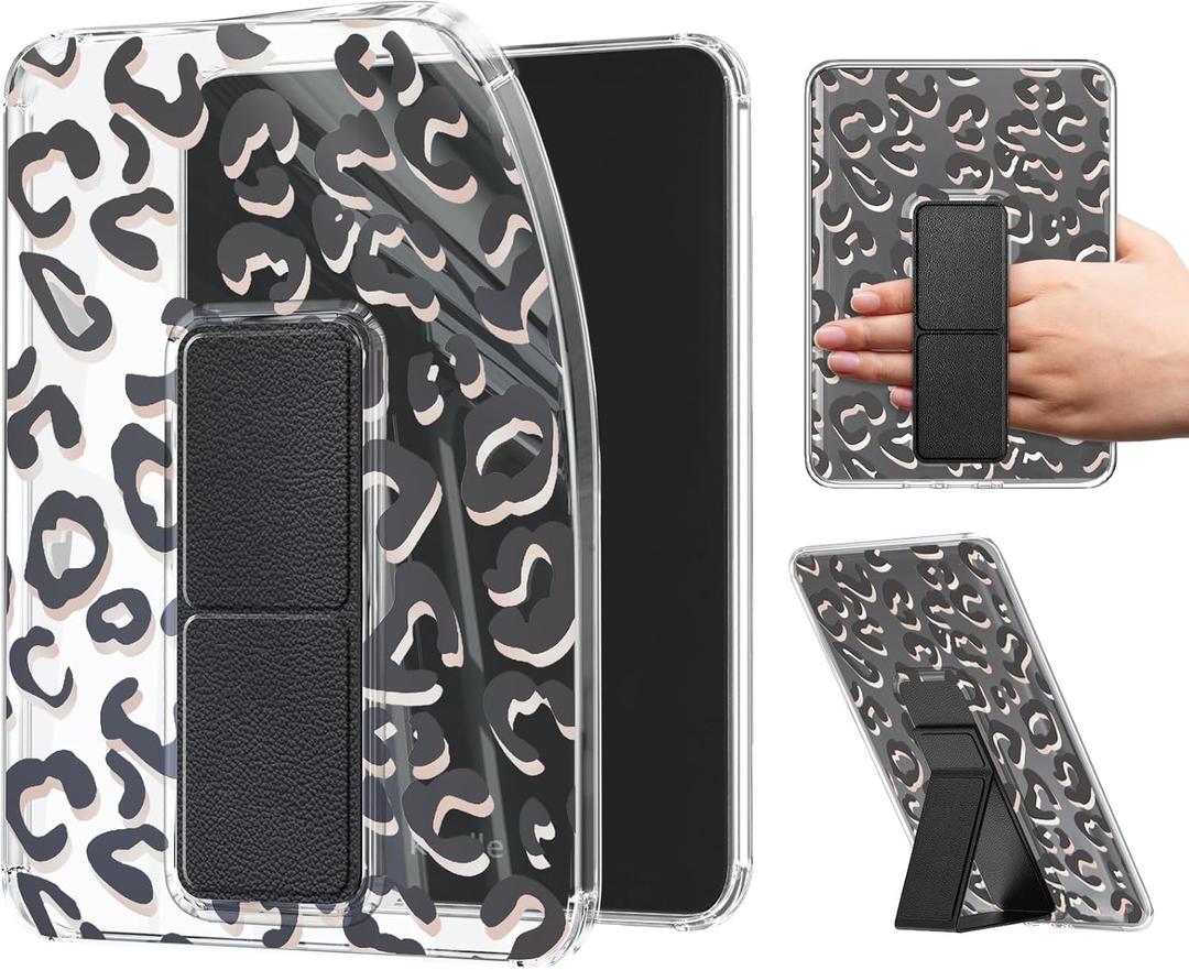 Clear Case with Stand for 7" All-New Kindle Paperwhite Cases 2024 (12th Gen) & Kindle Colorsoft Signature Edition | Anti-Yellowing, Ultra Slim Scratch-Proof Kindle Cover with Left-and-Right Hand Strap (Leopard Print)