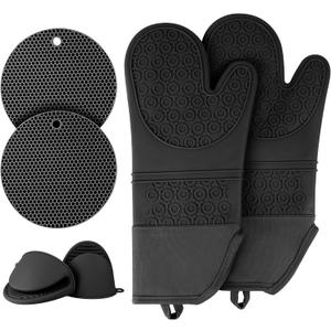 Silicone Oven Mitts and Pot Holders Set, 6Pcs Extra Long Oven Gloves with Non-Slip Hot Pads Potholders and Pinch Mitts, Pot Holders Set for Kitchen Baking Cooking (Black)