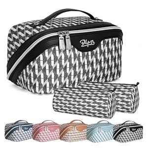 Travel Makeup Bag Cosmetic Case: Cosmetic Bag Set of 3 - Vegan Leather Make up Bag Organizer - Portable Toiletry Bags with Compartments & Handle (02-Black)