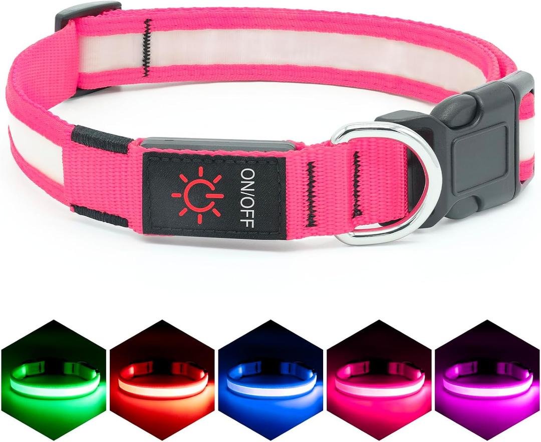 Vizpet LED Dog Collar, Light Up Dog Collar Adjustable USB Rechargeable Super Bright Safety Light Glowing Collars for Dogs (Small, Pink) (Small[11.02-15.74 inch/28-40cm])