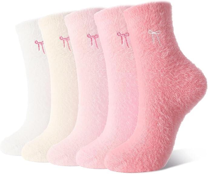Jspupifip 5 Pairs Bow Fuzzy Slipper Socks for Women Cozy Soft Fluffy Slipper Warm Winter Thick Home Sleeping Gradient