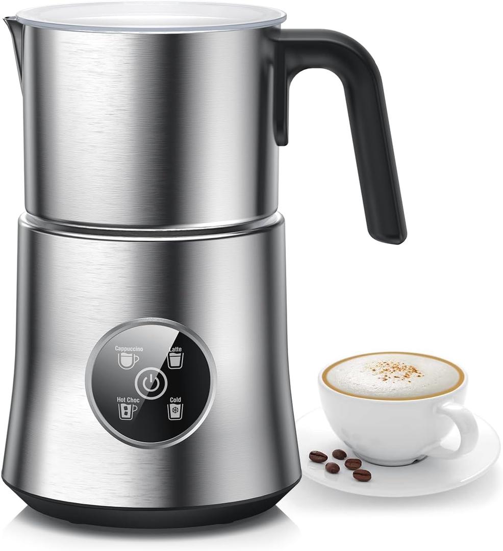 Milk Frother and Steamer, Large Capacity & Detachable Electric Milk Frother, Automatic Warm and Cold Foam Maker, Hot Chocolate Maker, Stainless Steel Jug, 30.44Oz./900ML (Silver)