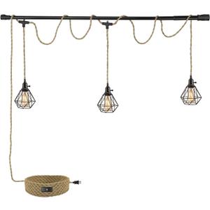 3-Light Hanging Light with Plug in Cord,Plug in Pendant Light 22ft Hemp Rope Pendant Lighting Vintage 3-Light Hanging Lamp Fixtures for Kitchen Island Living Room Bedroom