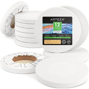 ARTEZA Round Stretched Canvas, 6 Inch Diameter, Pack of 12, Blank White Canvas Boards for Acrylic, Oil and Gouache Painting