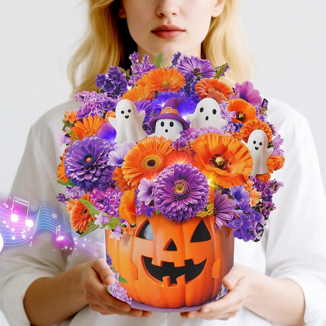 Halloween Cards with Music & Lights, Pop Up Halloween Decorations, Ghost & Dasiy, 10 Inch Life Sized Forever Flower Bouquet Gifts for Wife Mom Grandma Women Daughter