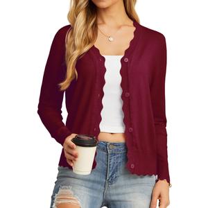 GRECERELLE Women's Long Sleeve V-Neck Button Down Cardigan Knit Shrugs Sweater (Wine Red, XS)