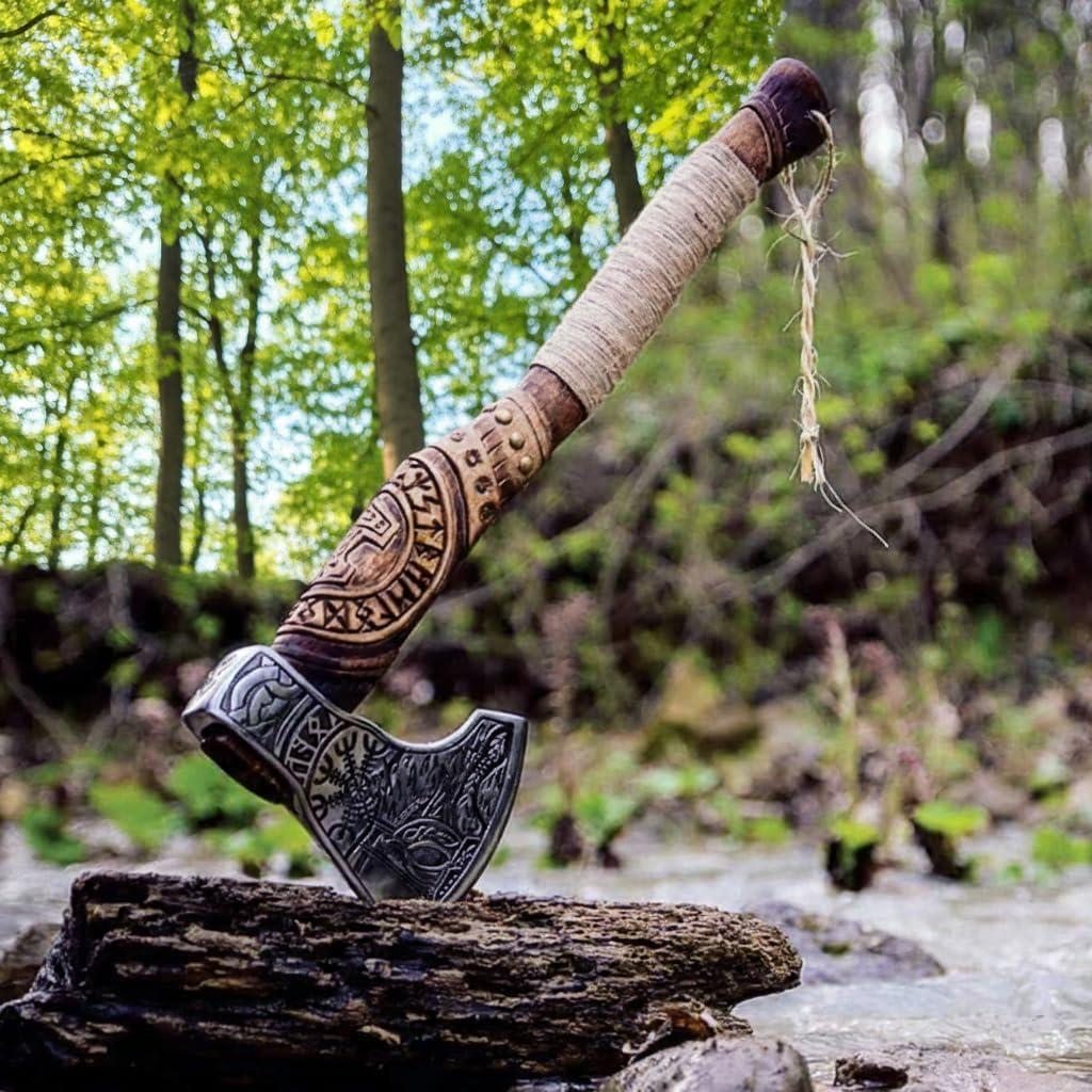 Hand Forged Viking Axe Carbon Steel Blade with Ash Wood Handle and Leather Sheath, Camping, Hunting, Outdoor Hatchet Valhalla Ax, Medieval Axe, Authentic Norse Axe, Historical Gift for Men