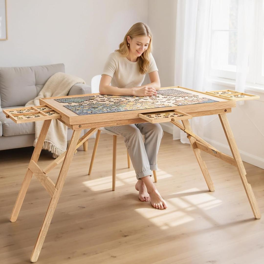 TEAKMAMA 1500 Pieces Puzzle Table 27.6" H Tall Puzzle Board with Drawers, 34.2" x 26.5" Wood Folding Jigsaw Table with Legs and Cover, Jigsaw Board for Adults, Nature