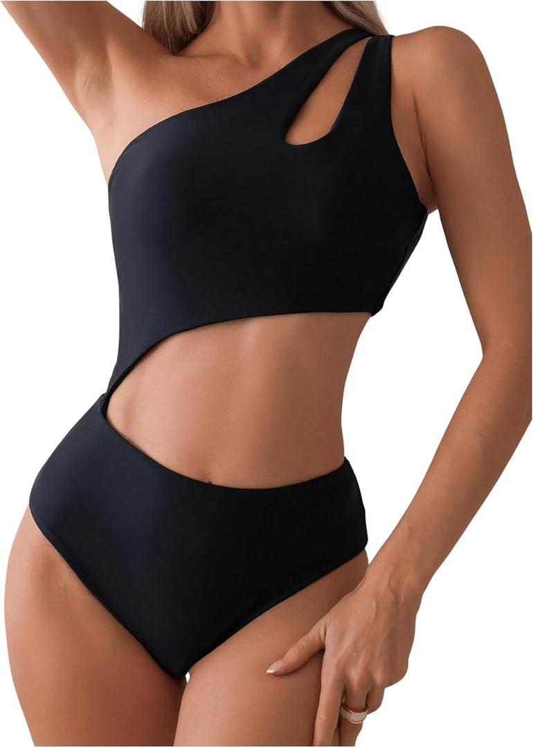 Milumia Women's Cut Out One Piece Swimsuit One Shoulder Sleeveless Wireless Bathing Suits Black, Small