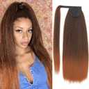 UAmy hair Long Yaki Straight Ponytail Extension for Women 20 Inch Ombre Brown Wrap Around Magic Paste Synthetic Clip in Ponytail Thick Kinky Straight Hair Pony Tail for Daily Use (T30)