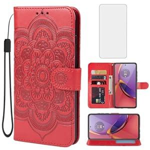 Bohefo Case for Moto G84 Case, Motorola G84 XT2347 Wallet Case with Tempered Glass Screen Protector, Mandala Leather Flip Credit Card Holder Stand Phone Cover Cases for Motorola Moto G84 5G Red