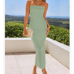 Women's Summer Strapless Bodycon Midi Dress Off Shoulder Sleeveless Side Slit Tube Long Club Party Dresses, Medium