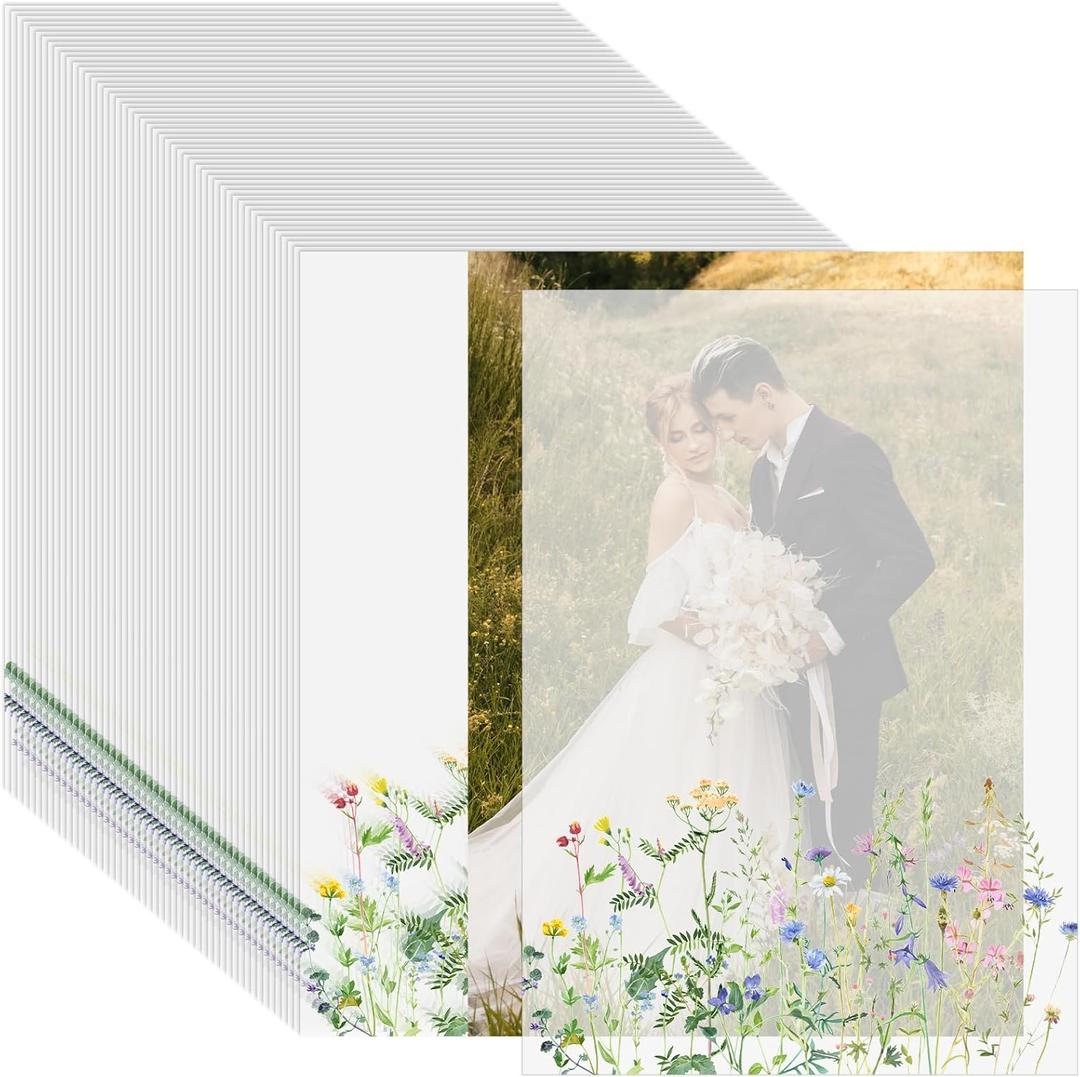 MotiMind 150 Pcs Translucent Vellum Paper for Wedding Photo Cover, 5x7 Inch Printable Trace Paper with Wildflower Pattern for Wedding Invitation Bridal Shower Baby Shower Birthday (Colorful Flower)