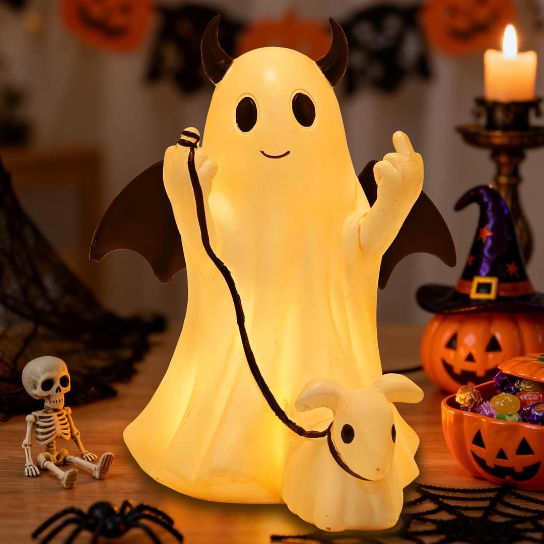Ghost Walking Dog Statue Decor with LED, Halloween Spooky Ghost Dog Resin Figurine,Cute Light-Up Finger Ghost Decorations for Party, Home, Bedroom, Shelf, Table Centerpiece (Boy)