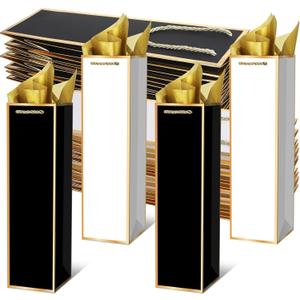 Ovveroche 50 Pack Wine Gift Bag with Handles and Tissue Paper Wine Bottle Gift Bags for Holiday Birthday Wedding Graduations Father's Day Party, Black+White