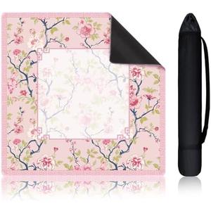 Sonwyoung 21.5 Inch Mini Chinoiserie Mahjong Mat for Travel Set Pink and Green Floral Mahjong Mat Cute Small Domino Accessories Gifts Domino and Tile Game Table