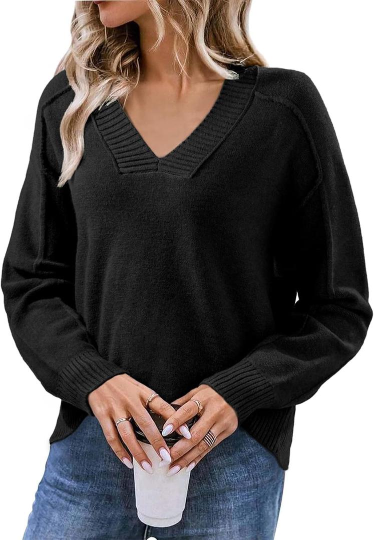 SHEWIN Womens Long Sleeve V Neck Sweaters Casual Loose Drop Shoulder Solid Knit Pullover Sweater Tops (Large, Black)
