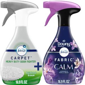 Febreze Fabric Spray & Carpet Heavy Duty Odor Fighter, Fabric Refresher, Multi-Use Deodorizer, Sneaker Balls Alternative, Couch & Linen Spray, Downy Calm & Rainforest Scents, 16.9oz, 2ct (1 of each)