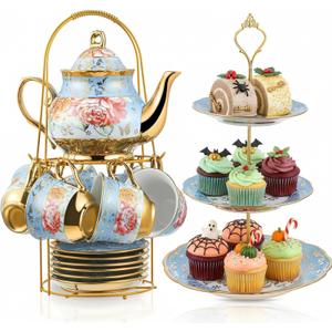 21 Pcs Porcelain Tea Set for Women Tea Party with Metal Holder and 3 Tier Cake Stand Ceramic European Floral Teapot Set for Adults Mother's Day Christmas Thoughtful Gift(Advanced Style)
