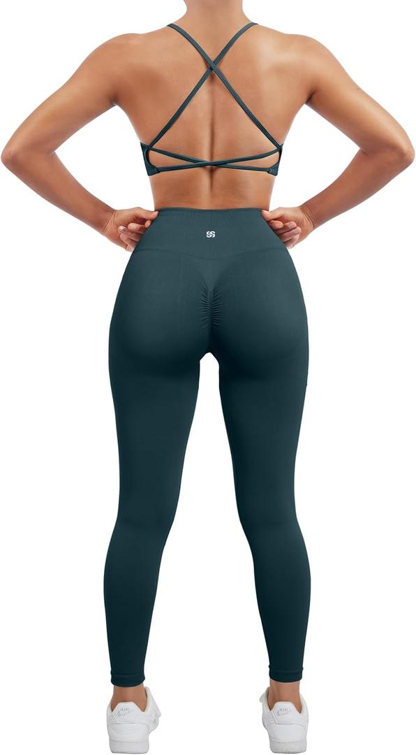 SUUKSESS Women Seamless Workout Sets Strappy Sports Bra High Waist Booty Leggings Outfits (Green, M)