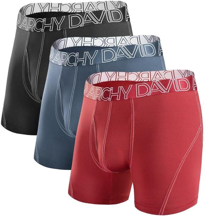 DAVID ARCHY Mens Performance Boxer Briefs 3 Pack, 3D Support Pouch & No Ride-Up Design Moisture-Wicking Sport Underwear (Large, A3,black/Maroon/Moonlight Blue - Mesh With Fly)
