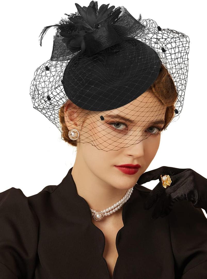 Cizoe Fascinator Hats for Women 20s 50s Vintage Pillbox Hat Kentucky Derby Fascinators Flower Veil Wedding Tea Party Hat (One Size, 1-a-black1)
