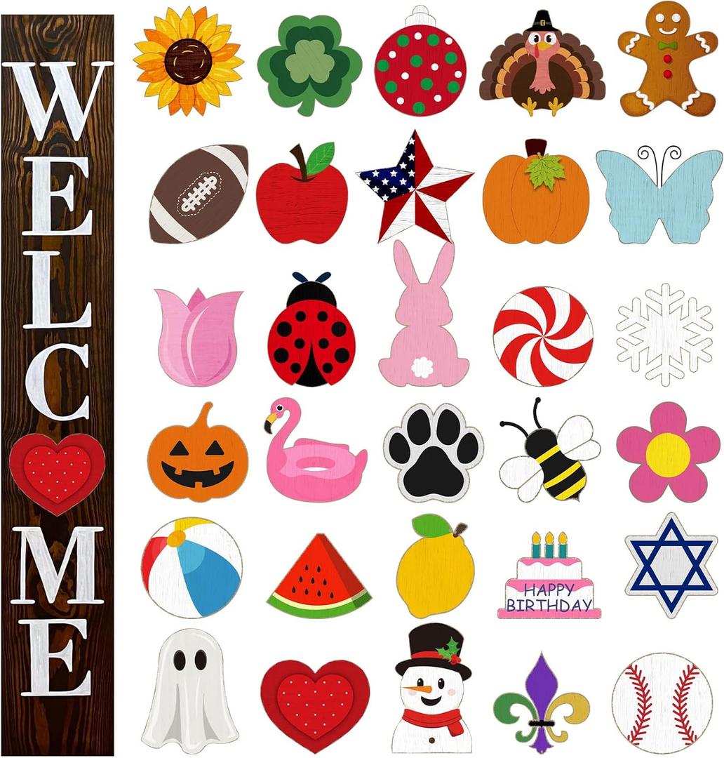 Interchangeable Welcome Sign for Front Porch 47 x 7.9 Inch Wooden Porch Sign with 30 Interchangeable Designed Patterns for Home Farmhouse Halloween Christmas Thanksgiving Decor (Wood Color)